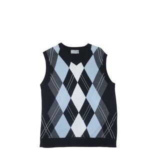 Argyle Sweater Vest Black Gray Blue V Neck Knit Preppy Layering Size M